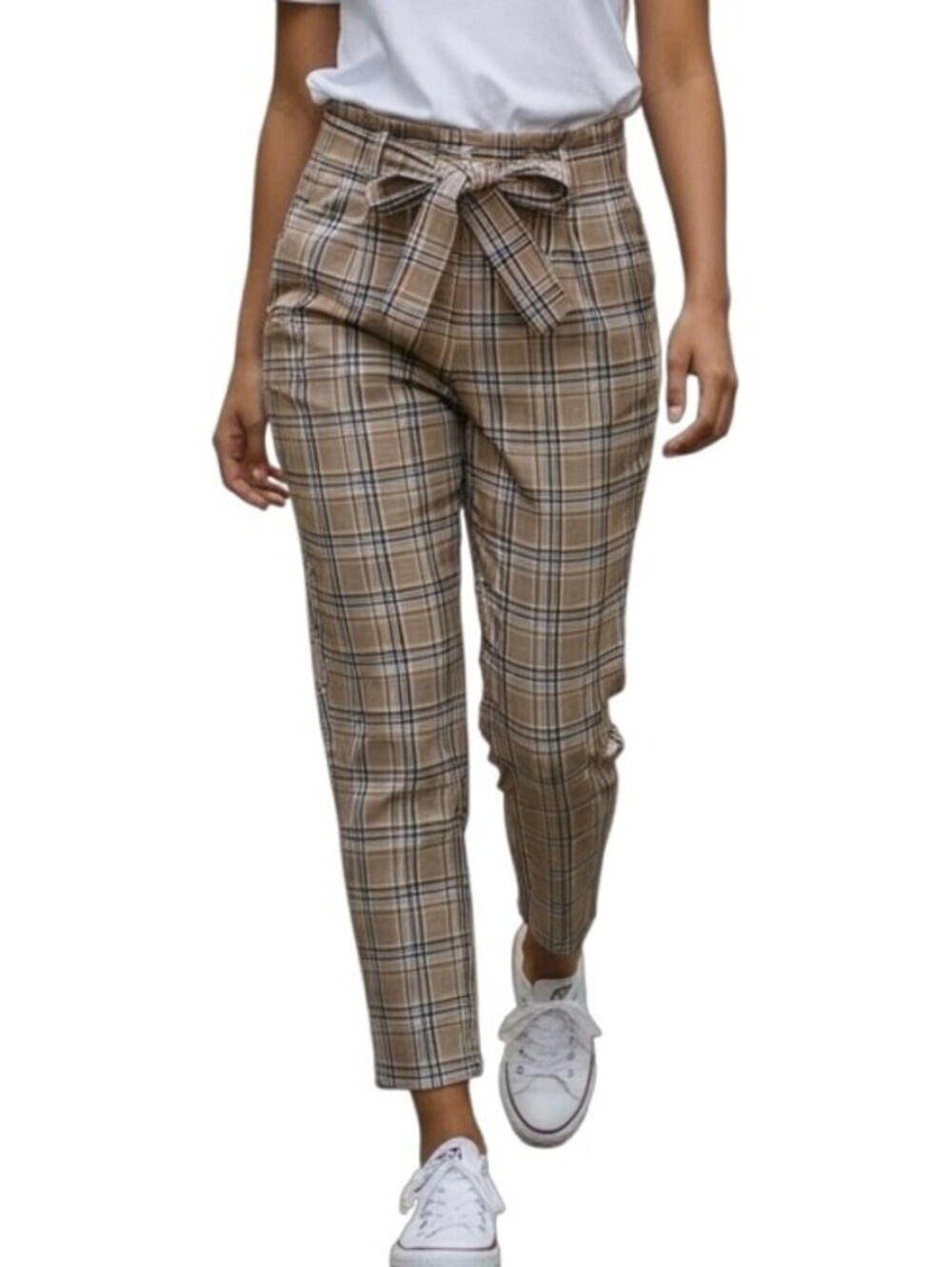 A New Day Womens Ankle Pants 2 Brown Plaid Trouser High-Rise Belted Tie Straight